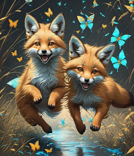 05437-3920314552-_two happy baby foxes chasing bright blue butterflies_, insanely detailed matte painting with rough paint strokes and textures,.png